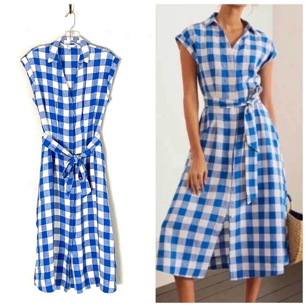 Boden Cassidy Bright Blue Gingham Linen Shift Shirt Dress US 2 Regular